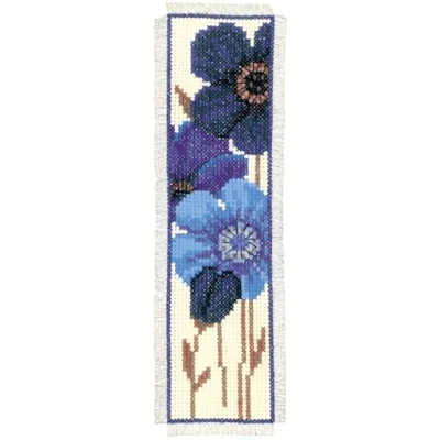 Imagen de Vervaco Patrón de marcapáginas Punto Cruz, Incluye Hilo, 6 x 20 cm, diseño Flores, Color Beige y Azul