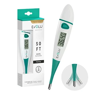 Imagen de Evolu Termómetro digital Mide la temperatura oral, rectal o axilar en 10 segundos Punta flexible Para bebés, niños, adultos Exactitud hasta 0,1C Pantalla de fácil lectura con funda