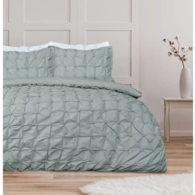 Imagen de Sleepdown Juego de Funda edredón Suave con Fundas Almohada para Cama King (230 x 220 cm), diseño Plisado, alforza, Color Verde Salvia, Duvet Set