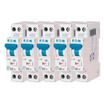 Imagen de EATON 264747 PLG4 C20/1N Disyuntor modular PH/N Blanco Mando Azul 1P+N/20 A Curva C Conexión de tornillo 5 disyuntores