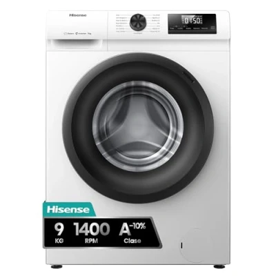 Imagen de Hisense WF1Q9041BW Lavadora, Class A, 9Kg, 1400 rpm, Alto 84.5cm x Ancho 59.5cm, Color Blanco, Función Vapor 99,9%, Lavado Rápido+, Automático, Finalización Diferida, Tecnología Inverter