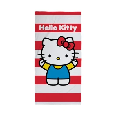 Imagen de Character World Toalla Oficial de Hello Kitty para niños, Tacto súper Suave, diseño Rayas descaradas, hogar, baño, Playa y Piscina, tamaño único, 70 cm x 140