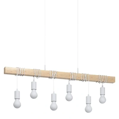Imagen de Eglo lámpara de techo Townshend, 6 focos diseño industrial, colgante retro acero y madera, color blanco, marrón, portalámparas E27