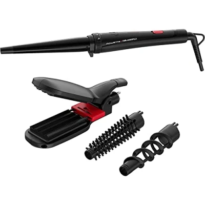Imagen de Rowenta x Karl Lagerfeld Looks Infinitos 9 en 1 CF422L plancha pelo y rizador pelo, tenacillas, de ondulador, cepillo caliente, revestimiento cerámico, 190 C, punta fría