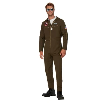 Imagen de Smiffys Disfraz de aviador Top Gun Maverick para hombre, verde, con mono e insignias intercambiables