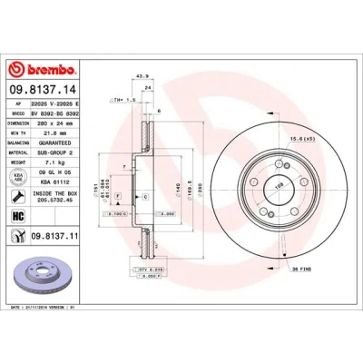 Imagen de BREMBO 09.8137.11 Disco de freno 280 24 5 ventilación interna revestido altamente carbonizado con tornillos RENAULT: Scénic 1, ESPACE 3