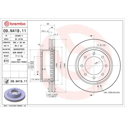 Imagen de BREMBO Disco de freno 360mm 38mm 8 ventilación interna 09.N419.11 Discos freno,