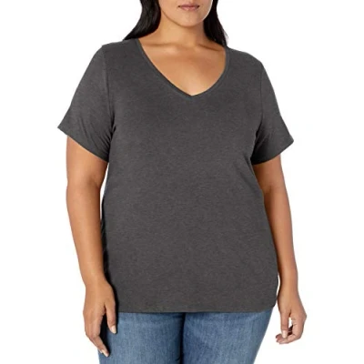 Imagen de Amazon Essentials Camiseta de manga corta y cuello en pico (disponible tallas grandes) Mujer, Carbón Mezcla, 5XL Grande
