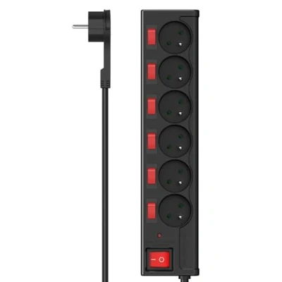 Imagen de Hama Regleta con Interruptor de 1,4 m (6 Tomas Tipo E, estándar NF, interruptores Generales + indiv. Iluminados, Protección Sobrevoltaje, Montaje en Pared, Seguridad Niños, 3680W/16A) Negro
