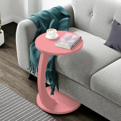 Imagen de [en.casa] Mesa Auxiliar Holeby en Forma de C Centro Redonda Mesita Salón con 4 Ruedas Uso Versátil 56 x Ø 38 cm Rosa