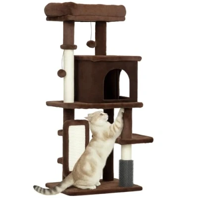 Imagen de PawHut Árbol Rascador para Gatos Altura 104 cm Torre con Plataformas Poste Cepillo Bolas Colgantes y Almohadilla Rascar Marrón