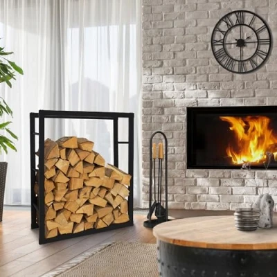 Imagen de ML Design Estanteria Metálica para Leña 80 x 100 25 cm Soporte Organizador de Madera Interior o Exterior, Leñero Negro Moderno Junto a Chimenea/Fogata Estructura Acero Apilar Troncos