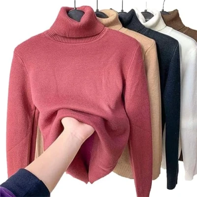 Imagen de JOCCOS Camisa de punto grueso forro polar para invierno, suéter cuello alto casual mujer, fondo delgado térmico suave, rosso, S (40/48 kg)