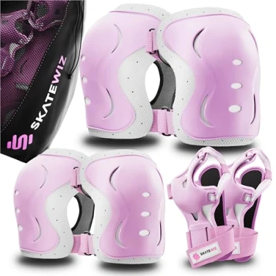 Imagen de SKATEWIZ Rodilleras Patines Adulto Skate, Protecciones Adulto, y Coderas, De Hielo IMPACT Talla L Rosa Blanco