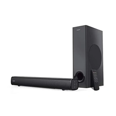 Imagen de Creative Stage 2.1 Barra de sonido con subwoofer para TV, ordenador y pantalla ultraancha, entrada óptica ARC/AUX, mando a distancia kit montaje en pared