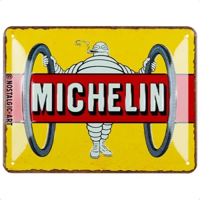 Imagen de Nostalgic Art Cartel metálico retro, 15 x 20 cm, Michelin Tyres Bibendum Yellow Idea de regalo para amantes del motor, metal, diseño vintage