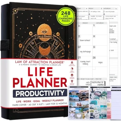 Imagen de Law of Attraction Goal planificador Un viaje de 12 meses para crear tu vida ensueño Diario gratitud personal, éxito semana, tabla visión + pegatinas