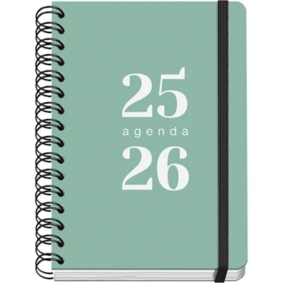 Imagen de Dohe Agenda Escolar 2025 2026 Día Página, Tamaño A5 (15x21 cm), Español e Inglés, Septiembre a Junio, Cierre de Espiral Doble y Goma, Tapa Flexible, 4 Páginas Pegatinas GRAMMAR Verde