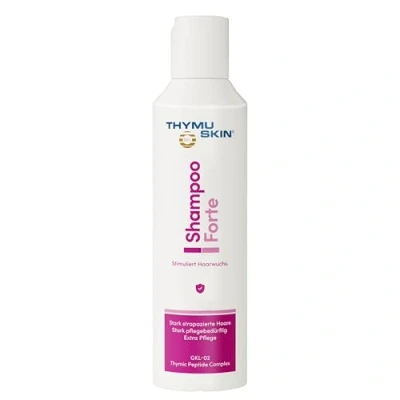 Imagen de Thymuskin Forte Champú Medio contra la caída del cabello fuerte para mujeres y hombres Activa el crecimiento nuevo confirmado por ensayos clínicos no efectos secundarios Puntos de cuidado premium 200 ml