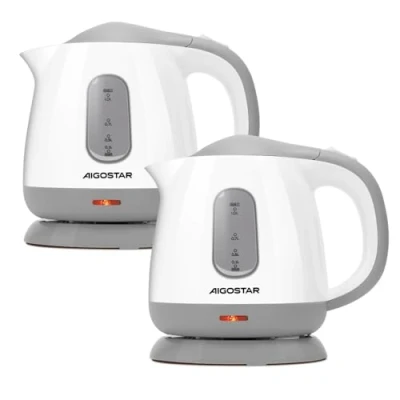 Imagen de Aigostar Juliet Hervidor de Agua Compacto 1 Litro, 1100W, Pequeño, Indicador Doble Nivel Agua, Filtro Antical Desmontable, Base 360º,Libre Bpa, Plástico, Gris y Blanco, 2 Pack