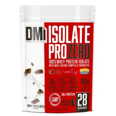 Imagen de DMI proteína ISOLATE PRO ZERO para Recuperación y Desarrollo Muscular 100% Aislado de suero con DigeZyme® LactoSpore Sin Azúcares Añadidos (1 Kg, Chocolate)