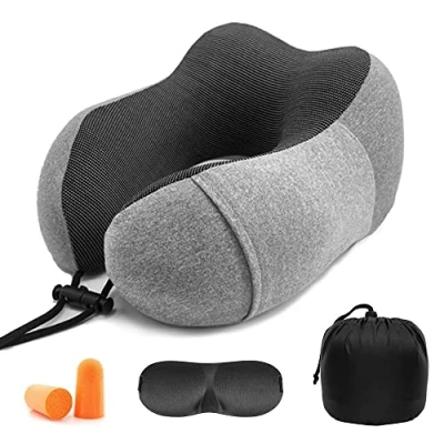 Imagen de Gvolatee Almohada de Viaje Viscoelástica Espuma, Memoria, ortopédica Cervical para Avión Tren Coche Viajando con máscara Ojos y Tapones los oídos(Gris)