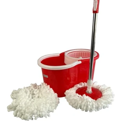 Imagen de HYFIVE Juego de fregona giratoria y cubo con 2 cabezales microfibra superabsorbentes, mango giratorio fácil presionar, mopa piso ruedas, multiusos ligera