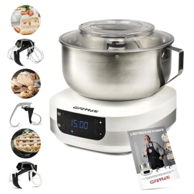 Imagen de G3 Ferrari G20145 Amasadora planetaria Pastaio Gourmet, 1500 W, 5 litros, cuenco inoxidable con asa, pantalla digital, velocidades, temporizador, recetario incluido