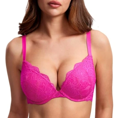Imagen de DOBREVA Sujetador Push Up Encaje con Relleno Aros Escote Moldeado para Mujer Rosa Brillante 95D