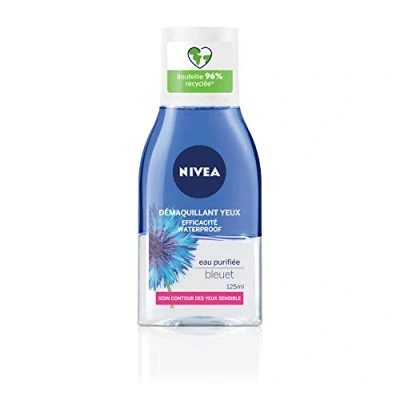 Imagen de Nivea Desmaquillante de ojos doble acción en azul (1 x 125 ml), limpiador facial enriquecido con agua purificada, cuidado para mujer todo tipo pieles, formato viaje