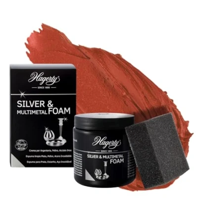 Imagen de Hagerty Silver &amp; Multimetal Foam Espuma limpiadora de plata 185g I Eficaz mousse para protección metal plateado estaño acero cromo Limpia renovadora brillo Esponja incluida
