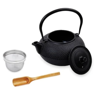 Imagen de Lumaland Tetera en diseño Asia Hobnail 1 x de Hierro Fundido (1,4 litros) 1x Cuchara medidora bambú colador Acero Inoxidable