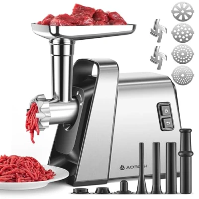 Imagen de Picadora De Carne AOBOSI 4 EN 1 Eléctrica Con Placas Corte Acero Inoxidable, Kubbe Y 3 Tubos Para Rellenar Salchichas, Motor [3000w Max], 2 Cuchillas.
