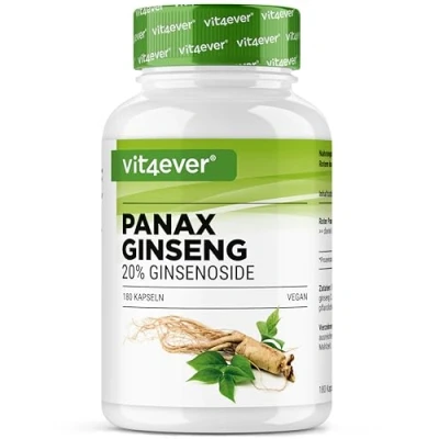 Imagen de ginseng rojo Panax 180 cápsulas 1800 mg por dosis diaria 20% de ginsenósidos Extracto raíz coreano 20:1 Alta Vegano