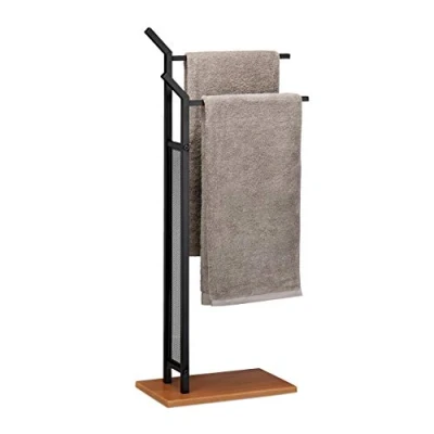 Imagen de Relaxdays Toallero de Pie 2 Barras, Hierro DM, Negro Marrón 88 x 40 20 cm