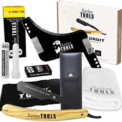 Imagen de Kit de afeitado: navaja afeitar barbero con cuchilla intercambiable + 40 cuchillas dobles paño barra alumbre estuche almacenamiento toalla afeitado peine plantilla