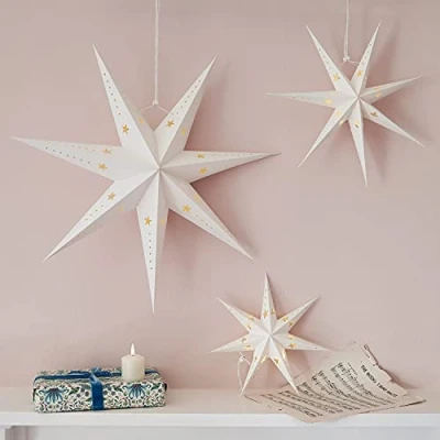 Imagen de Lights4fun Juego de 3 Estrellas LED Papel, decoración navideña, Funciona con Pilas, Temporizador, Luminosas, habitación Infantil