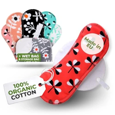 Imagen de Compresas Reutilizables Ecológicas Algodón Orgánico; 6 Pack + Bolsa (S+M) de Tela Lavables para Mujer HECHAS EN LA UE; Organico con alas menstruación, incontinencia