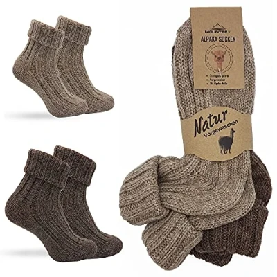 Imagen de MOUNTREX® calcetines de alpaca, lana para hombre y mujer, invierno, térmicos, gruesos, 2 pares, Marrón/Marrón Oscuro (con sobre), 39 42