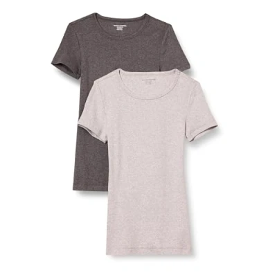 Imagen de Amazon Essentials Camiseta de Cuello a la Caja Manga Corta y Ajuste Entallado Mujer, Pack 2, Carbón Mezcla/Gris Claro Mezcla, XS