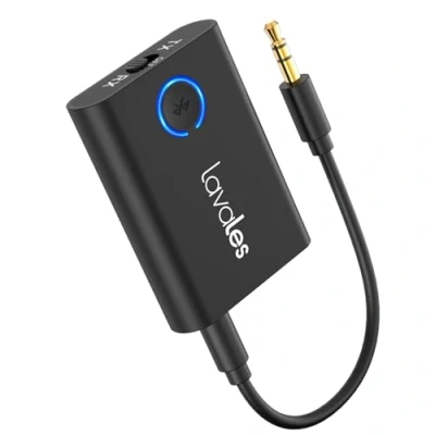 Imagen de Lavales Adaptador Bluetooth 5.3 para avión a 2 auriculares, en 1 aptX de baja latencia, transmisor audio Bluetooth, receptor jack 3,5 mm, divisor altavoz, gimnasio,