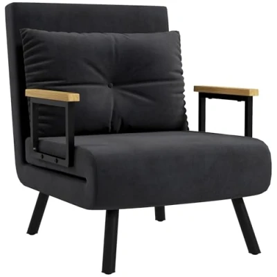 Imagen de HOMCOM Sofá Cama de 1 Plaza Plegable Tapizado en Terciopelo con Respaldo Ajustable 5 Niveles y Almohada Acolchada para Oficina Dormitorio Salón 63x73x81 cm Negro