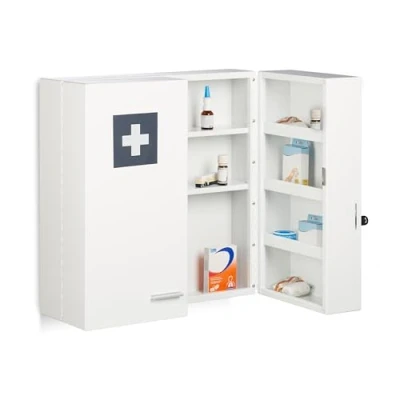 Imagen de Relaxdays Armario Botiquín 11 Compartimentos, Cerradura, Acero, 53 x 21,5 cm, 2 Puertas, Primeros Auxilios, Blanco, 21.5 cm