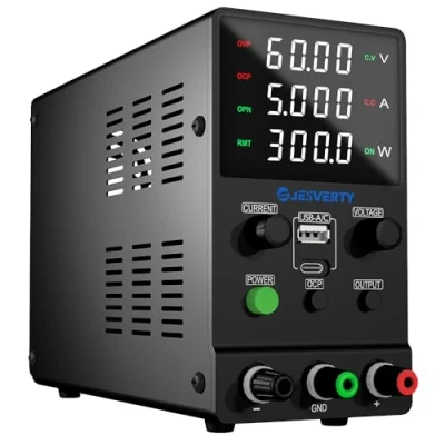 Imagen de Fuente de alimentación CC variable, 0 60V 5A banco regulada con carga rápida USB y tipo C, perilla codificadora,interruptor encendido/apagado salida Jesverty