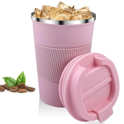 Imagen de Relota Taza de Café 380mL Rosa, Termo Cafe para Llevar 304 Acero Inoxidable Reutilizables Vaso Termico Antigoteo Coche, Hermético Frío y Caliente, Leche Té
