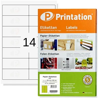 Imagen de Printation etiquetas autoadhesivas 99,1 x 38,1 mm, blancas/imprimibles, Pack de 25 hojas A4, 350 etiquetas/pegatinas, 14 por hoja Labels 99x38 para sobres, Papel adhesivo imprimir