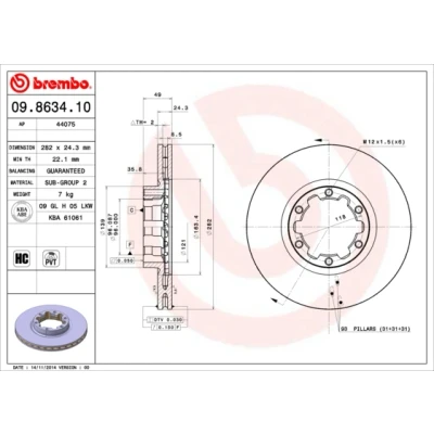 Imagen de BREMBO 09.8634.10 Disco de freno 282 24,3 6 ventilación interna altamente carbonizado NISSAN: ATLEON