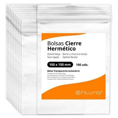 Imagen de Bolsas con Cierre Hermético de Plástico Transparentes Ideales para Congelar Alimentos, Guarda Documentos, Reutilizables y Conservación Ofituria (100 Bolsas, 100 x 150 mm)