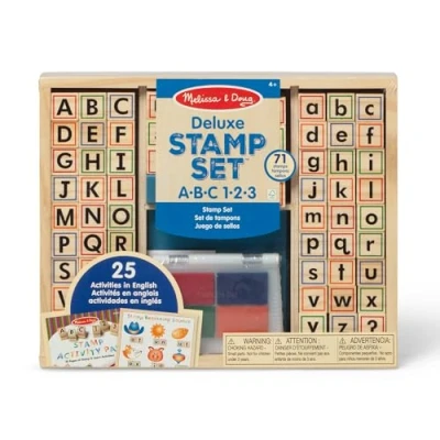 Imagen de Melissa &amp; Doug Juego de sellos madera letras y números, 71 una almohadilla 4 colores, Juguete creativo madera, educativo, Regalo para niños niñas 3 5 6 7 Años
