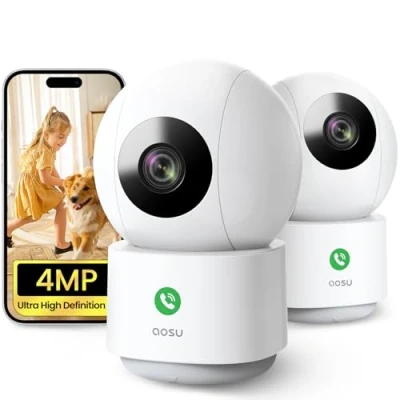 Imagen de AOSU 4MP 2 Paquete Cámara Vigilancia WiFi Interior, Camara 5G/2.4 GHz WiFi, Detección Humana AI, Llamada de un Toque, Audio Bidireccional, para Bebé/Domicilio/Mascotas